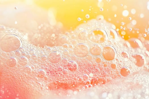 Macro soap bubbles creating foam on a vibrant pink and yellow background