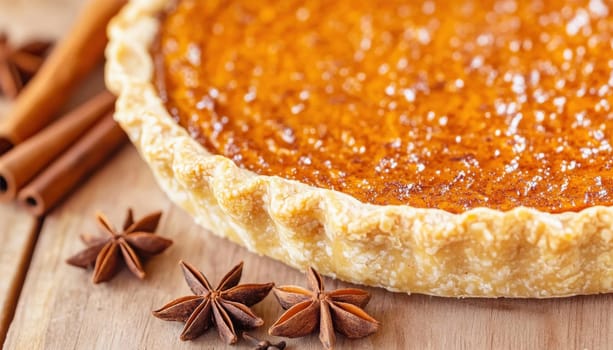 Freshly baked pumpkin pie with cinnamon sticks and star anise, creating a warm and inviting autumnal scene