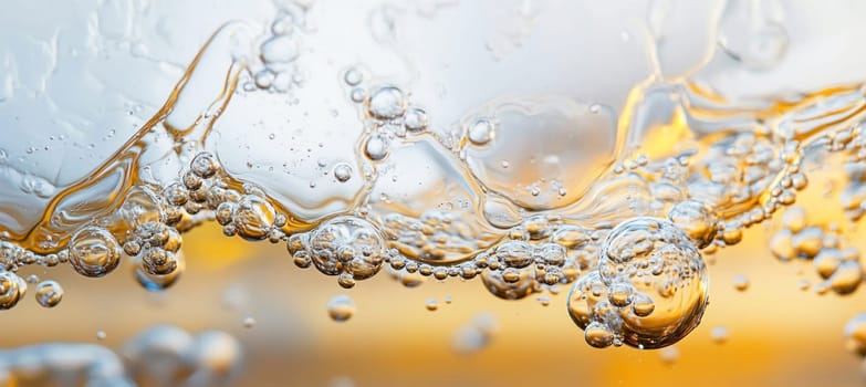 Abstract macro close up of bubbles forming on golden liquid surface, creating mesmerizing pattern