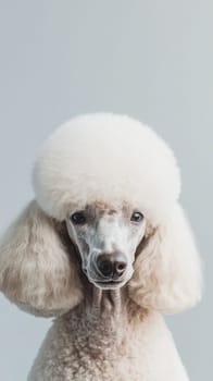 Groomed white standard poodle posing on a light grey seamless background