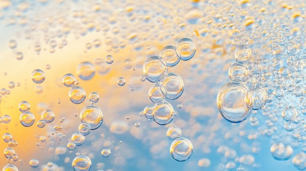 Multiple transparent bubbles of various sizes floating on a colorful gradient surface, creating a visually appealing abstract image