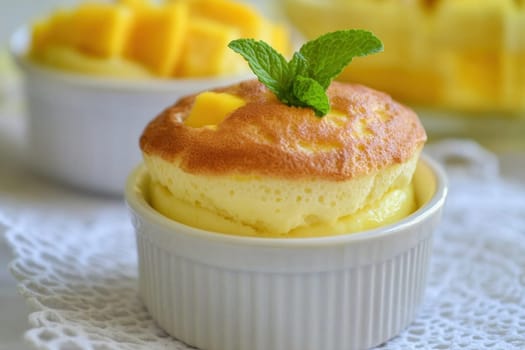 Small mango souffle decorated with fresh mint, sitting on a white doily, ready to be enjoyed