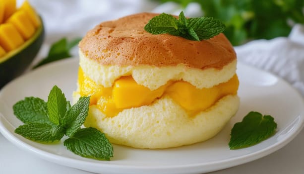 Delicious mango souffle pancake decorated with fresh mint leaves on white plate