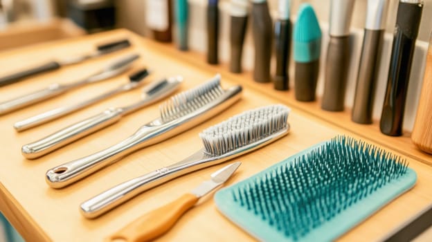 Various hairdressing tools arranged on a wooden shelf, showcasing combs, brushes, and styling products for professional hair care
