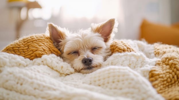 Adorable puppy sleeping under cozy blanket, enjoying warmth and comfort
