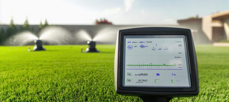 Smart garden activated sprinkler irrigation system watering grass controlled by a digital portable device on a green lawn