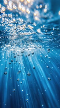 Beams of sunlight shining through crystal clear ocean water and creating beautiful light rays and air bubbles