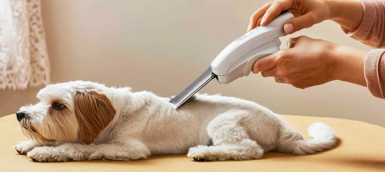 Woman is removing ticks from small white dog using electronic tick remover device
