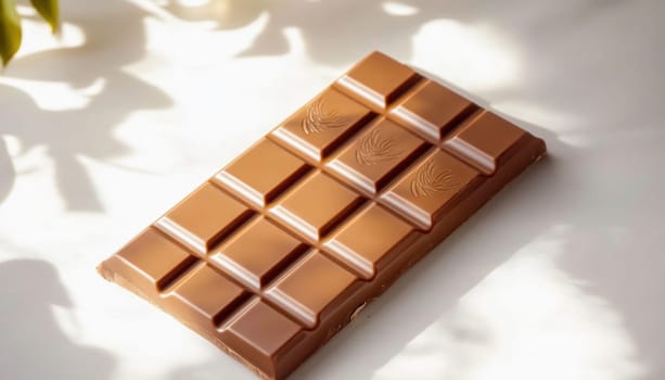 Delicious milk chocolate bar on white surface with shadows of plants, perfect for confectionery and dessert projects