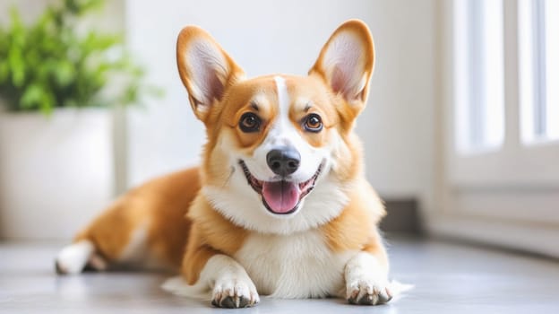 Adorable welsh corgi pembroke smiling and lying on the floor indoors