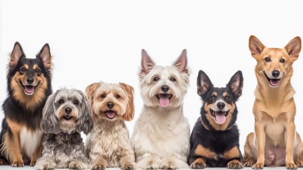 Six happy dogs of different breeds are sitting and lying down, posing on a seamless white background