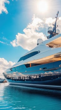 Modern luxury motor yacht moored in harbor reflecting clouds and sun in its dark blue hull