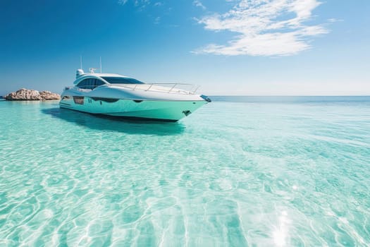 White motor yacht is floating near the shore on a beautiful transparent turquoise water