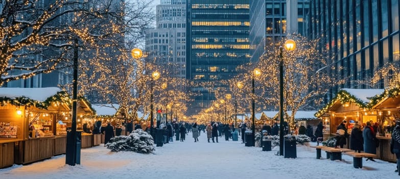 People strolling and shopping at a christmas market during a snowy evening in the city