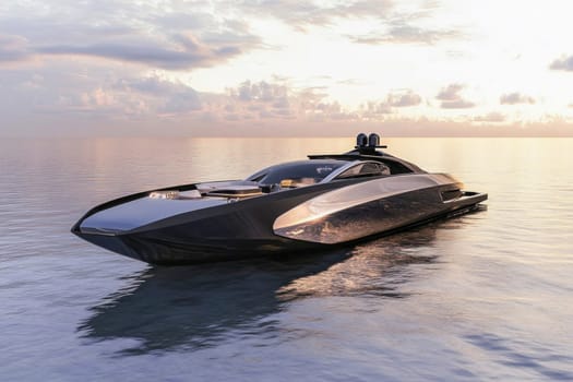 Futuristic luxury yacht sailing on calm sea at sunset with clouds