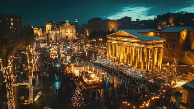 Tourists visiting the illuminated christmas market in front of the temple of antoninus and faustina in rome, italy, during winter night
