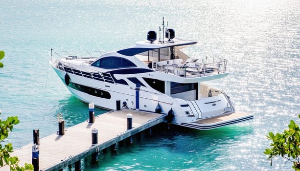 Modern white motor yacht is moored to a wooden pier in calm turquoise waters, bathed in sunlight