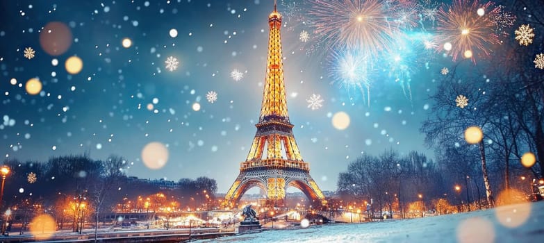 Snow falling on the illuminated eiffel tower with fireworks exploding during christmas celebrations in paris, france