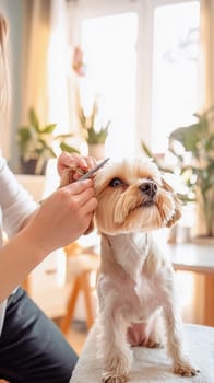 Dog grooming session in a pet salon with a yorkshire terrier getting its hair combed by a professional groomer