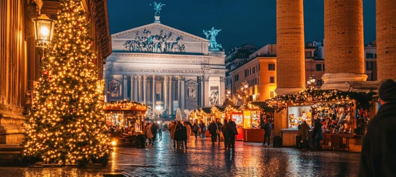 People walking and shopping at christmas market in piazza colonna in rome, italy, during christmas holidays at twilight