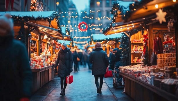 Shoppers walking through illuminated christmas market at dusk, enjoying festive atmosphere and buying gifts