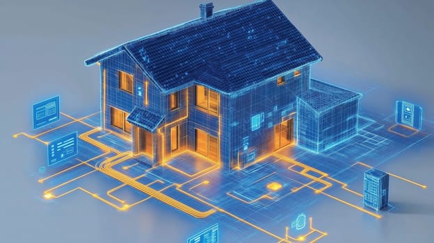 A modern house is depicted with glowing blue and orange outlines, showcasing a digital integration of smart devices and advanced technology. The design highlights a futuristic approach to home living.