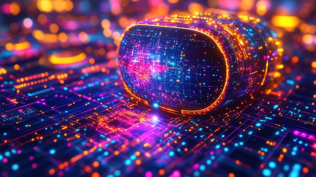 A futuristic headset rests on a glowing digital landscape filled with vibrant colors and sparkling data points. The scene captures the essence of advanced technology and digital innovation.