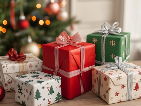 A cozy holiday scene featuring colorfully wrapped Christmas presents placed on a wooden table, with a decorated tree glowing softly in the background. Perfect for festive celebrations.