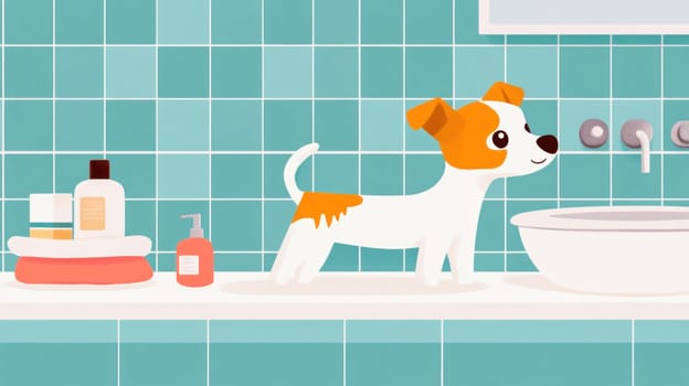 Small dog standing on bathroom sink getting ready for bath time with shampoo and soap nearby