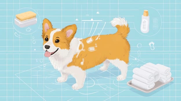 Happy corgi dog taking a shower in bathroom, enjoying grooming procedure with soap, brush and towels