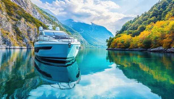 Modern yacht sailing on a beautiful lake surrounded by colorful autumn foliage and majestic mountains