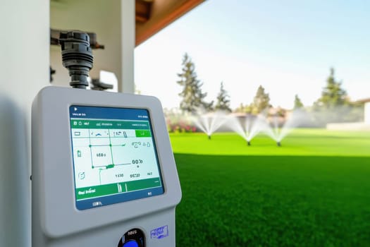 Smart garden irrigation controller managing water sprinklers, ensuring efficient watering and a lush green lawn
