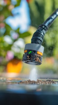 Smart garden hose nozzle watering potted plants in a garden on a sunny day