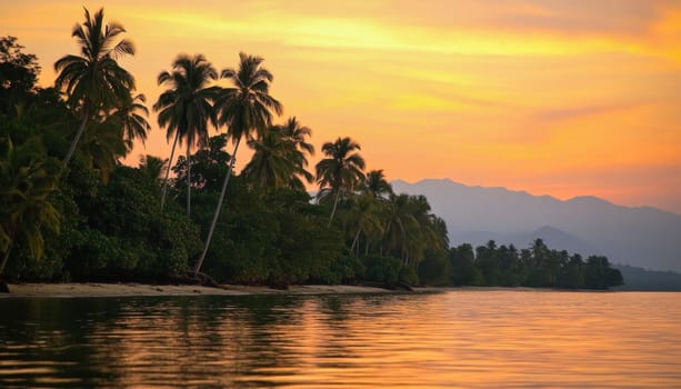 Tranquil tropical beach scene with palm trees at sunset, creating a peaceful and idyllic atmosphere