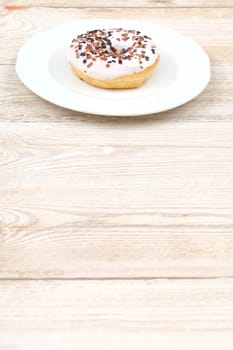 A deliciously tempting donut topped with vibrant icing and colorful chocolate sprinkles on a classic white plate