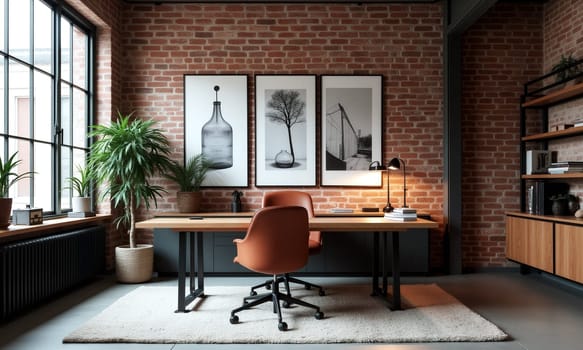 A well-designed office features a wooden desk, orange chairs, and artistic prints against exposed brick walls, creating an inviting work environment - Generative AI