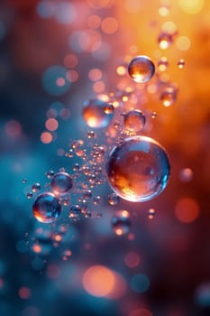 A collection of bubbles floats in a colorful liquid, creating an abstract visual effect with vivid colors and soft focus - Generative AI
