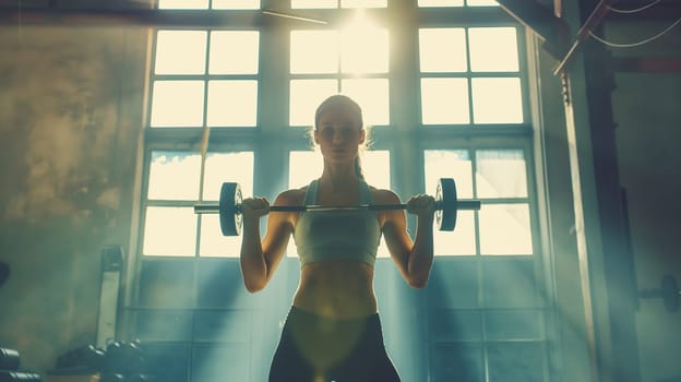 A woman lifts dumbbells with determination in a gym illuminated by sunlight streaming through large windows, showcasing her strength and focus during a workout - Generative AI