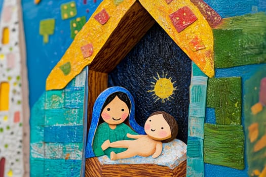 The Virgin Mary looks at the newborn Jesus Christ in cradle