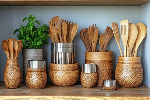 Sustainable utensils: wooden kitchen essentials crafted for eco-friendly atmosphere, environmentally conscious living, healthy cooking practices while promoting benefits of natural materials