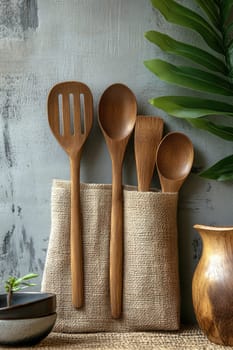 Eco-friendly tools: essential wooden utensils designed for sustainable kitchens, inviting and green culinary space that highlights importance of reducing plastic waste, embracing natural alternatives