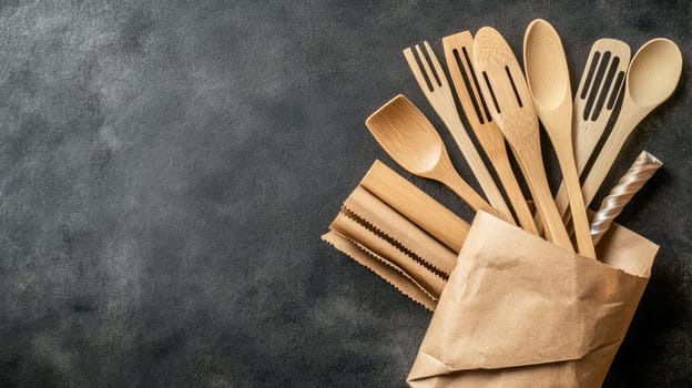 Eco-friendly tools: essential wooden utensils designed for sustainable kitchens, inviting and green culinary space that highlights importance of reducing plastic waste, embracing natural alternatives