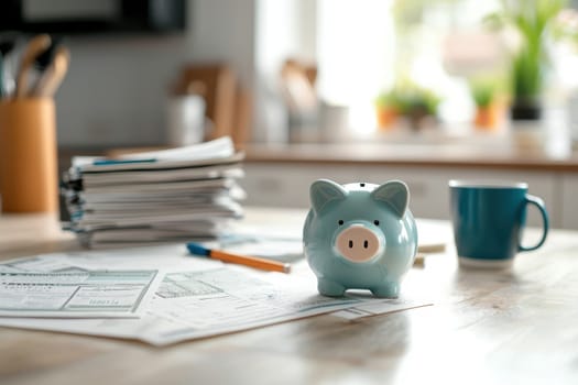 Piggy bank, coffee mug, and a stack of bills with a budgeting sheet on a well-organized kitchen table, symbolizing careful financial planning and saving for household expenses. the scene conveys a theme of home economics and budgeting.