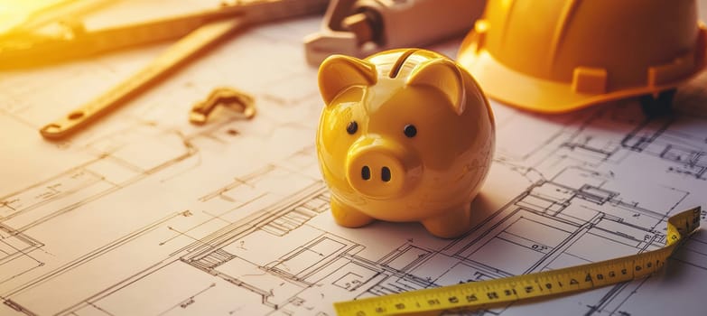 Piggy bank placed on a construction site blueprint, surrounded by small tools, hard hat, and measuring tape, symbolizing financial planning and saving for home construction or renovation. highlights the concept of building a budget for future projects.