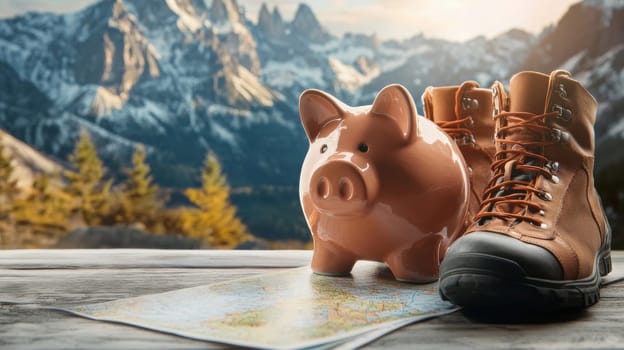 Piggy bank styled as a mountain with hiking boots, a map, and compass on a desk, symbolizing saving for outdoor adventures and exploration. snow-capped mountains provide a scenic backdrop, inspiring travel and adventure planning.