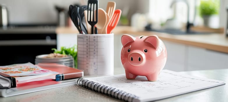 Piggy bank surrounded by meal prep containers, grocery lists, and a cookbook on a bright kitchen counter, symbolizing budgeting and saving money through home-cooked meals and organized meal planning. emphasizes financial prudence and culinary preparation.