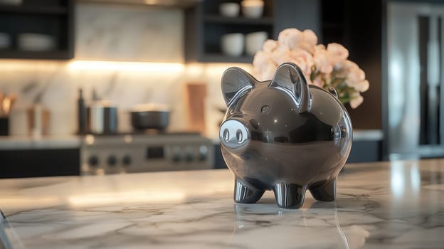 Sleek piggy bank displayed on a marble countertop in a high-end kitchen interior, embodying modern luxury and financial savings. the elegant setting highlights sophistication, blending contemporary design with practical functionality.