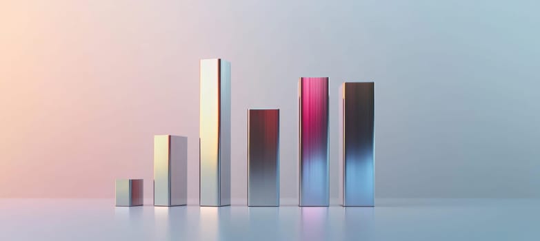 Sleek metallic bar chart illustrating annual revenue growth for major global e-commerce companies in 2024. set against a light grey background, each bar features a reflective finish, representing data in a modern, professional manner.