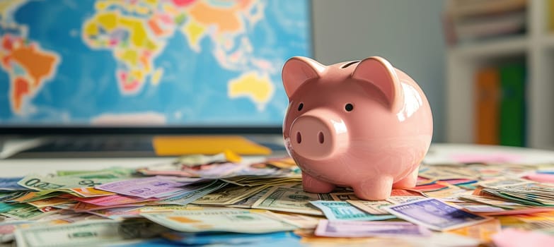 Piggy bank surrounded by diverse currencies, symbolizing international savings and investments. set on an office desk with a world map in the background, the theme of global financial planning and economic growth.
