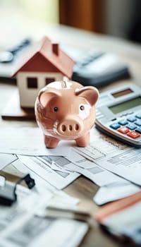 Piggy bank and miniature house model on a desk filled with mortgage documents and a calculator. represents the concept of saving and financial planning for real estate investment or homeownership.